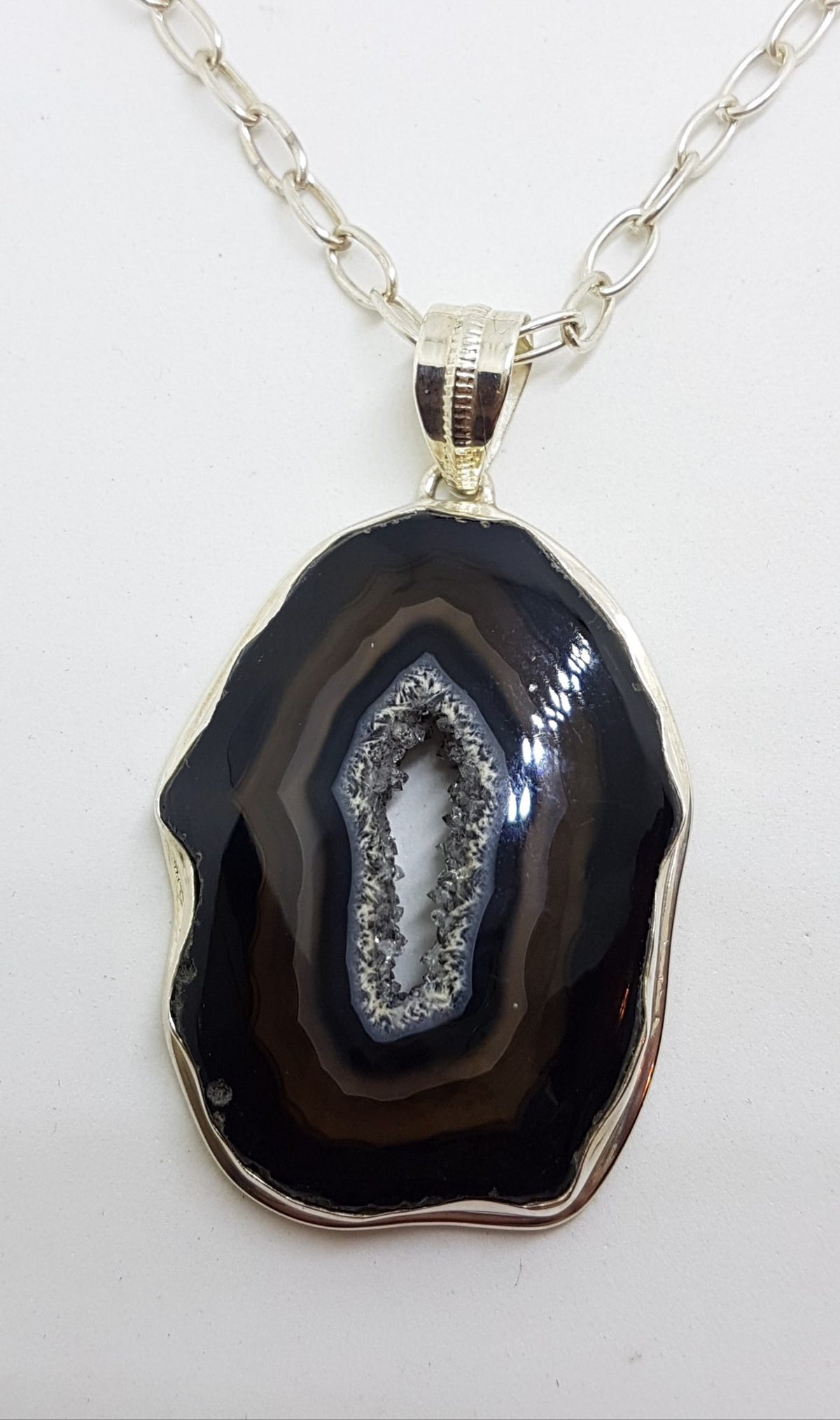Sterling Silver Large Black Druzy Onyx Pendant on Silver Chain
