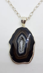 Sterling Silver Large Black Druzy Onyx Pendant on Silver Chain