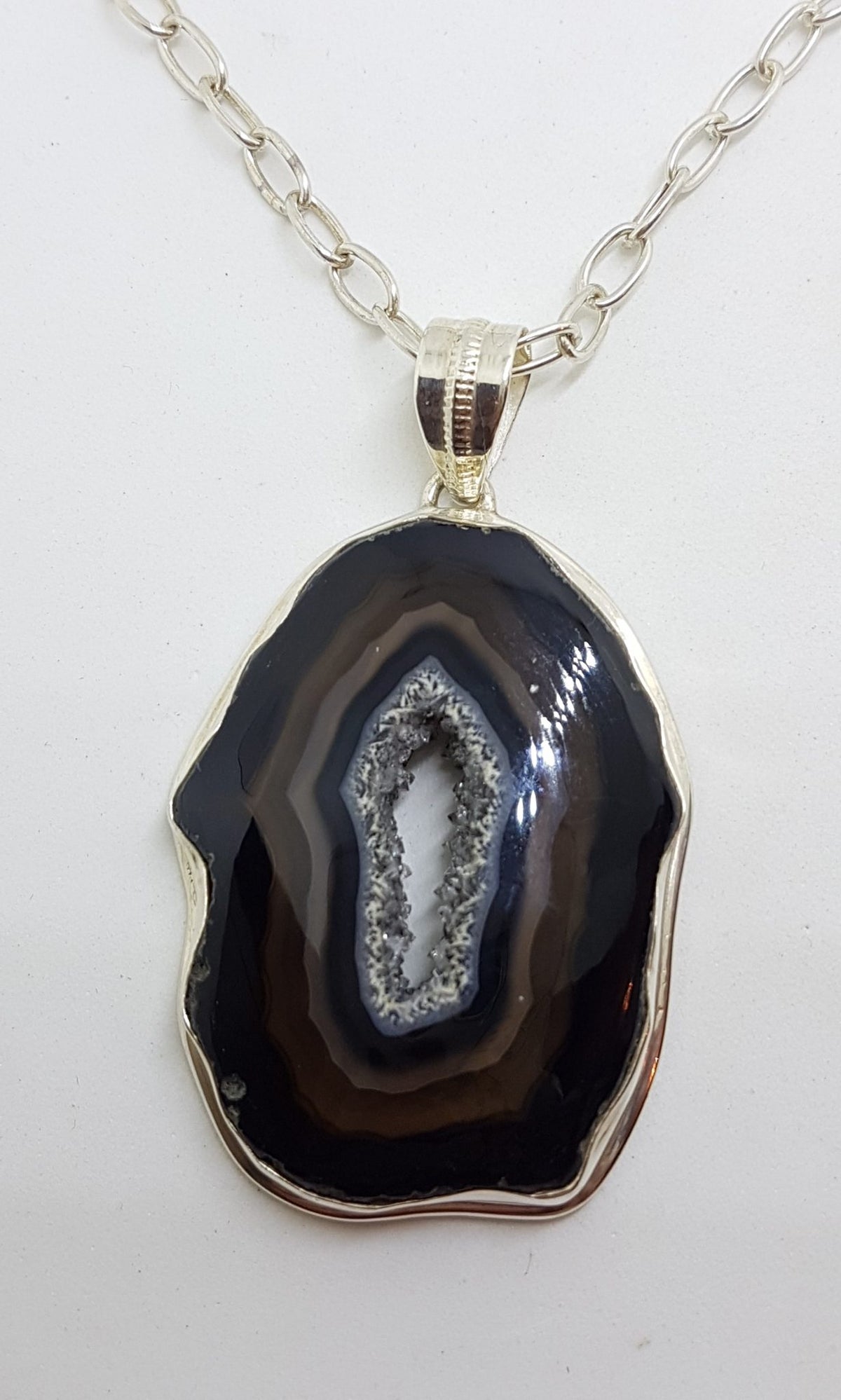 Sterling Silver Large Black Druzy Onyx Pendant on Silver Chain