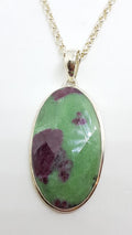 Sterling Silver Large Oval Ruby Zoisite Pendant on Silver Chain