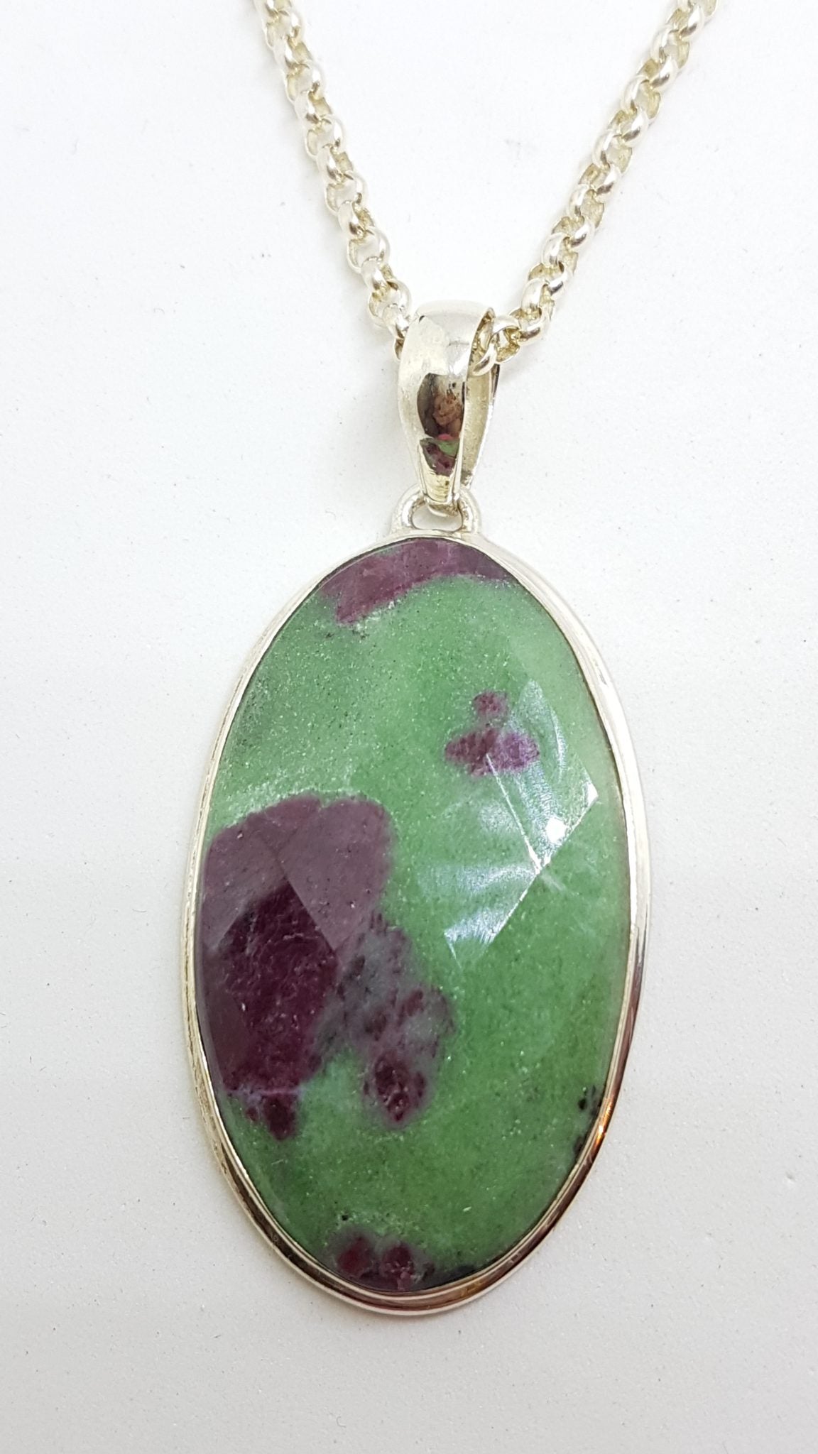 Sterling Silver Large Oval Ruby Zoisite Pendant on Silver Chain