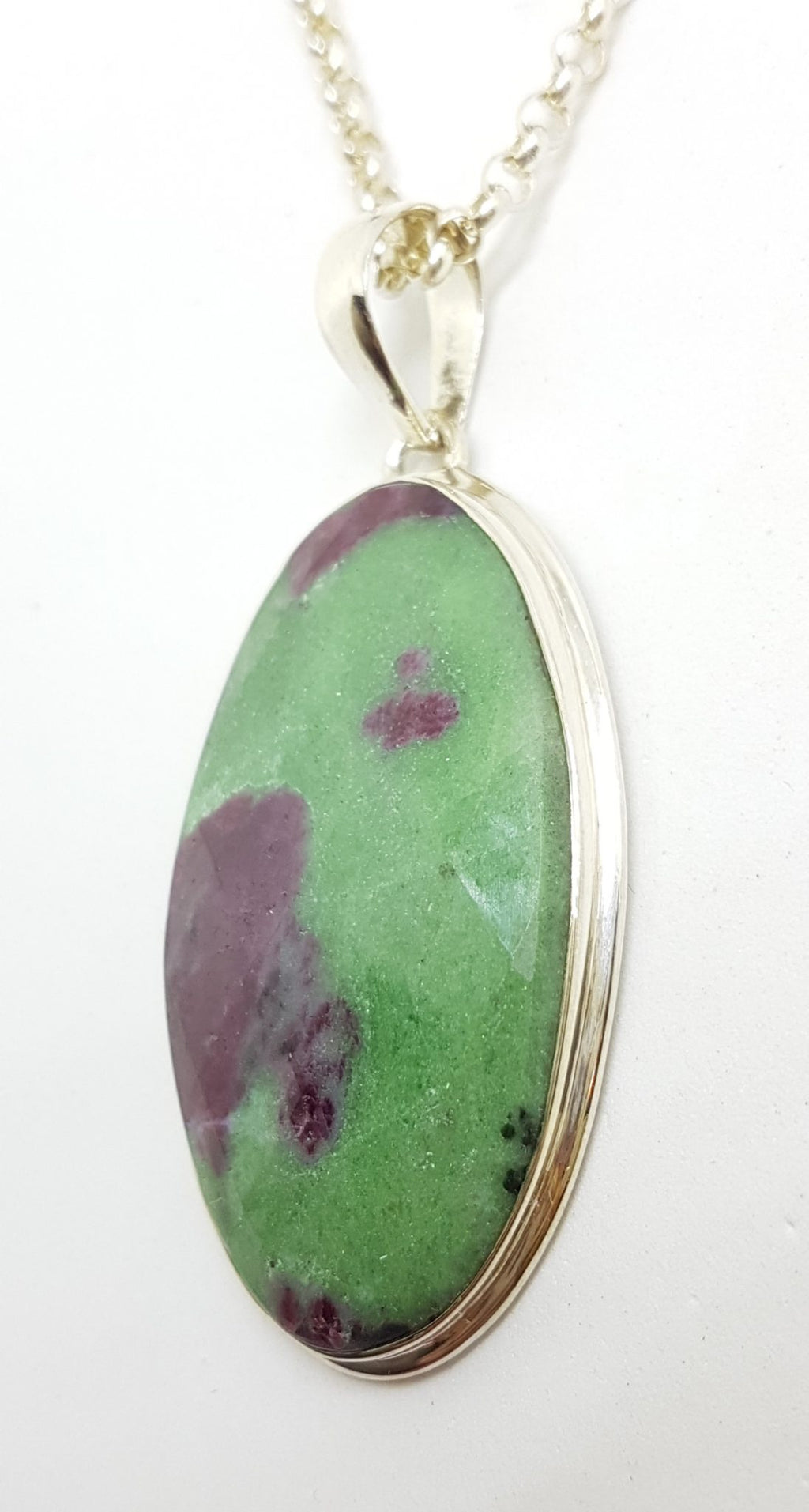 Sterling Silver Large Oval Ruby Zoisite Pendant on Silver Chain