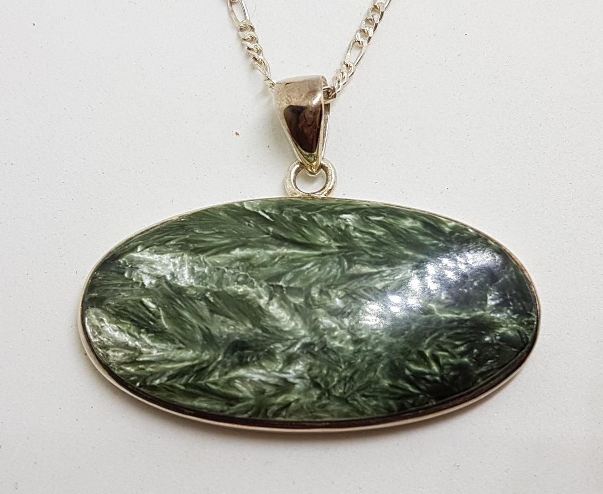 Sterling Silver Large Oval Seraphinite Pendant on Silver Chain