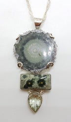 Sterling Silver Large Amethyst Slice, Green Amethyst / Prasiolite and Ocean Jasper  Pendant on Silver Chain