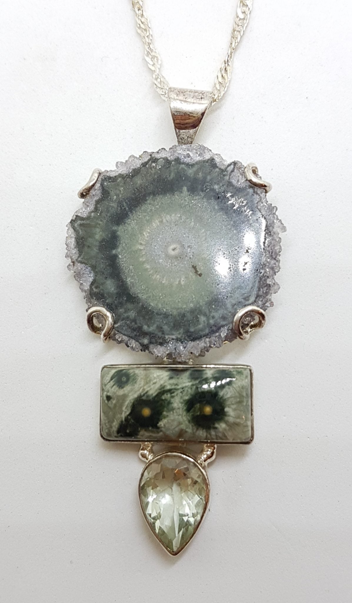 Sterling Silver Large Amethyst Slice, Green Amethyst / Prasiolite and Ocean Jasper  Pendant on Silver Chain