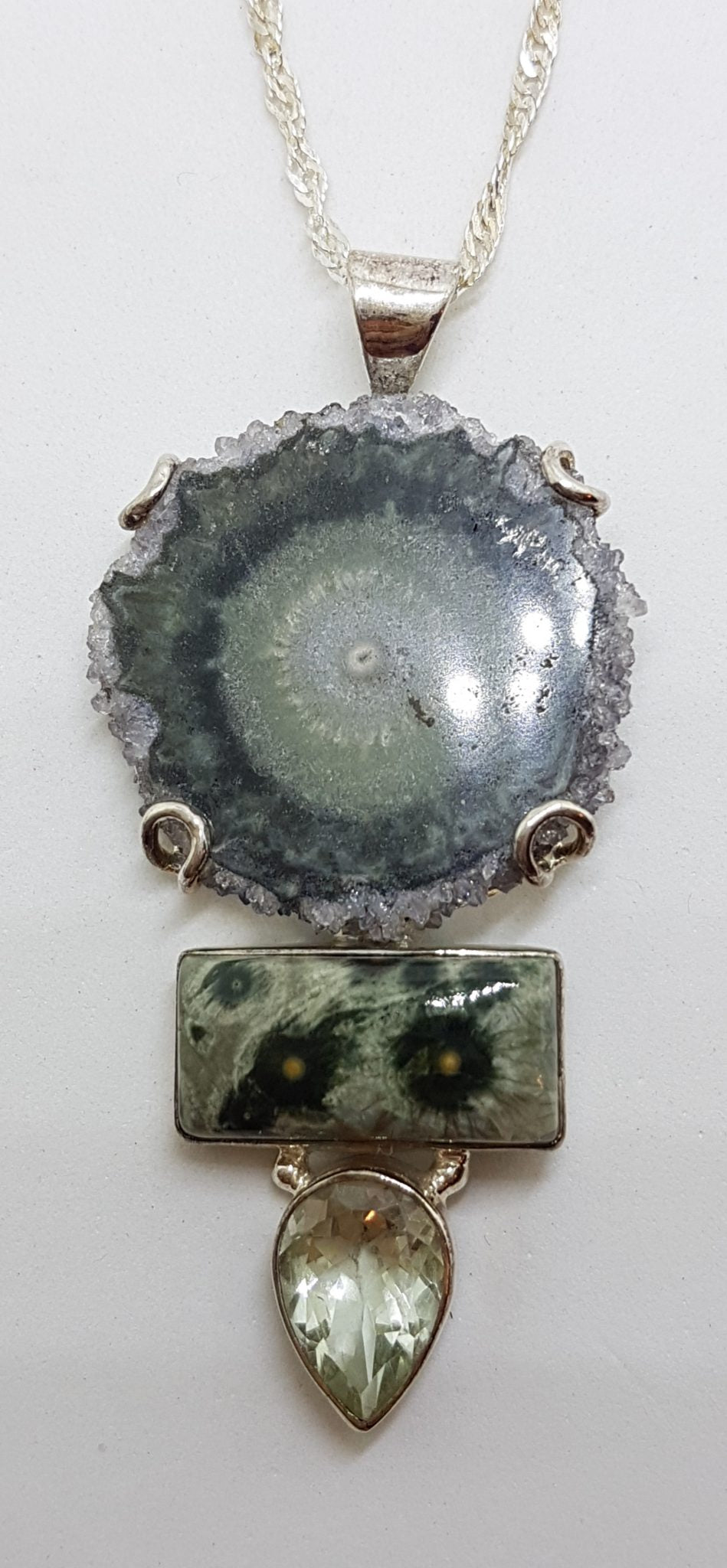 Sterling Silver Large Amethyst Slice, Green Amethyst / Prasiolite and Ocean Jasper  Pendant on Silver Chain