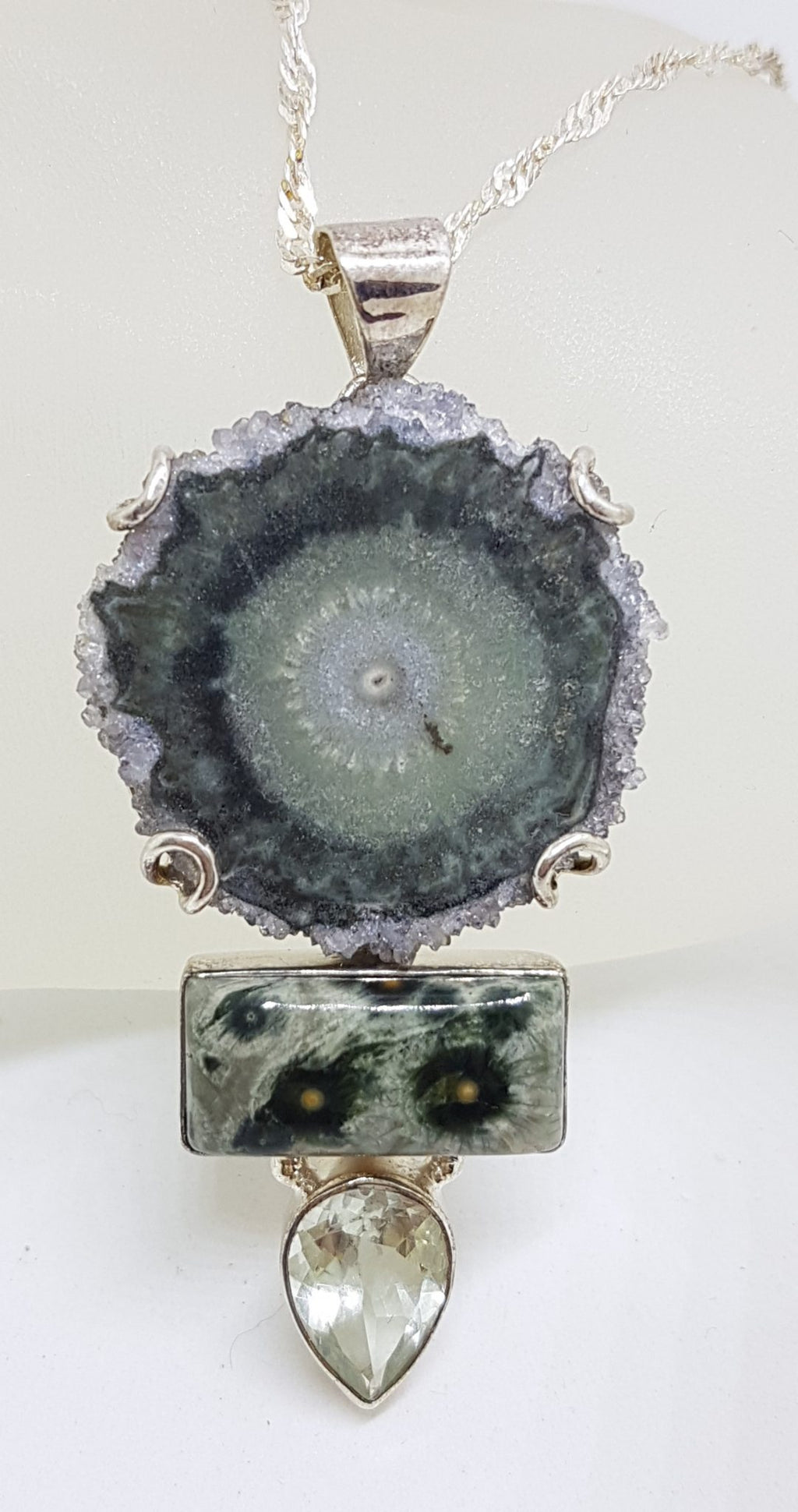Sterling Silver Large Amethyst Slice, Green Amethyst / Prasiolite and Ocean Jasper  Pendant on Silver Chain