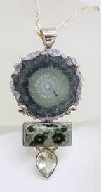 Sterling Silver Large Amethyst Slice, Green Amethyst / Prasiolite and Ocean Jasper  Pendant on Silver Chain