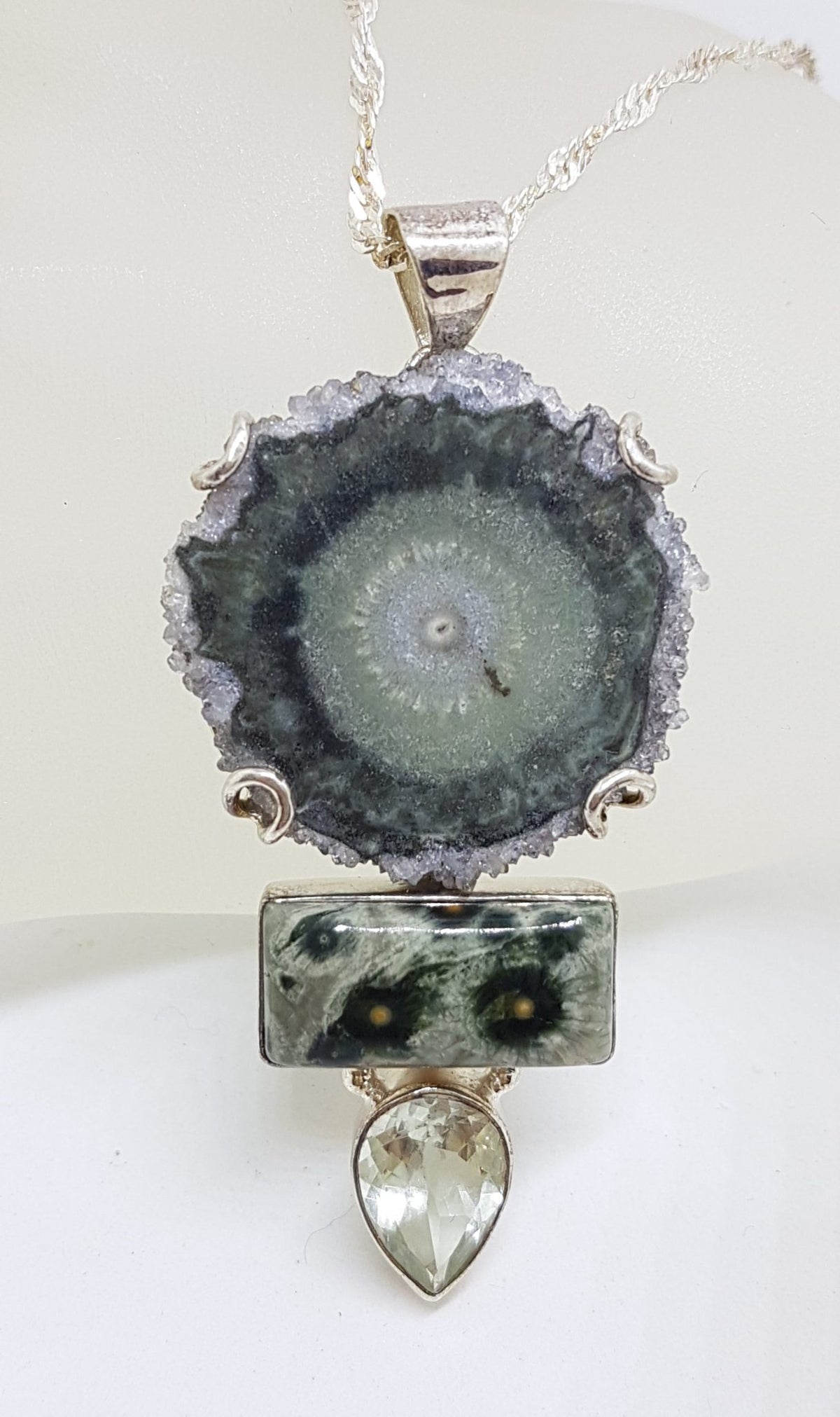 Sterling Silver Large Amethyst Slice, Green Amethyst / Prasiolite and Ocean Jasper  Pendant on Silver Chain