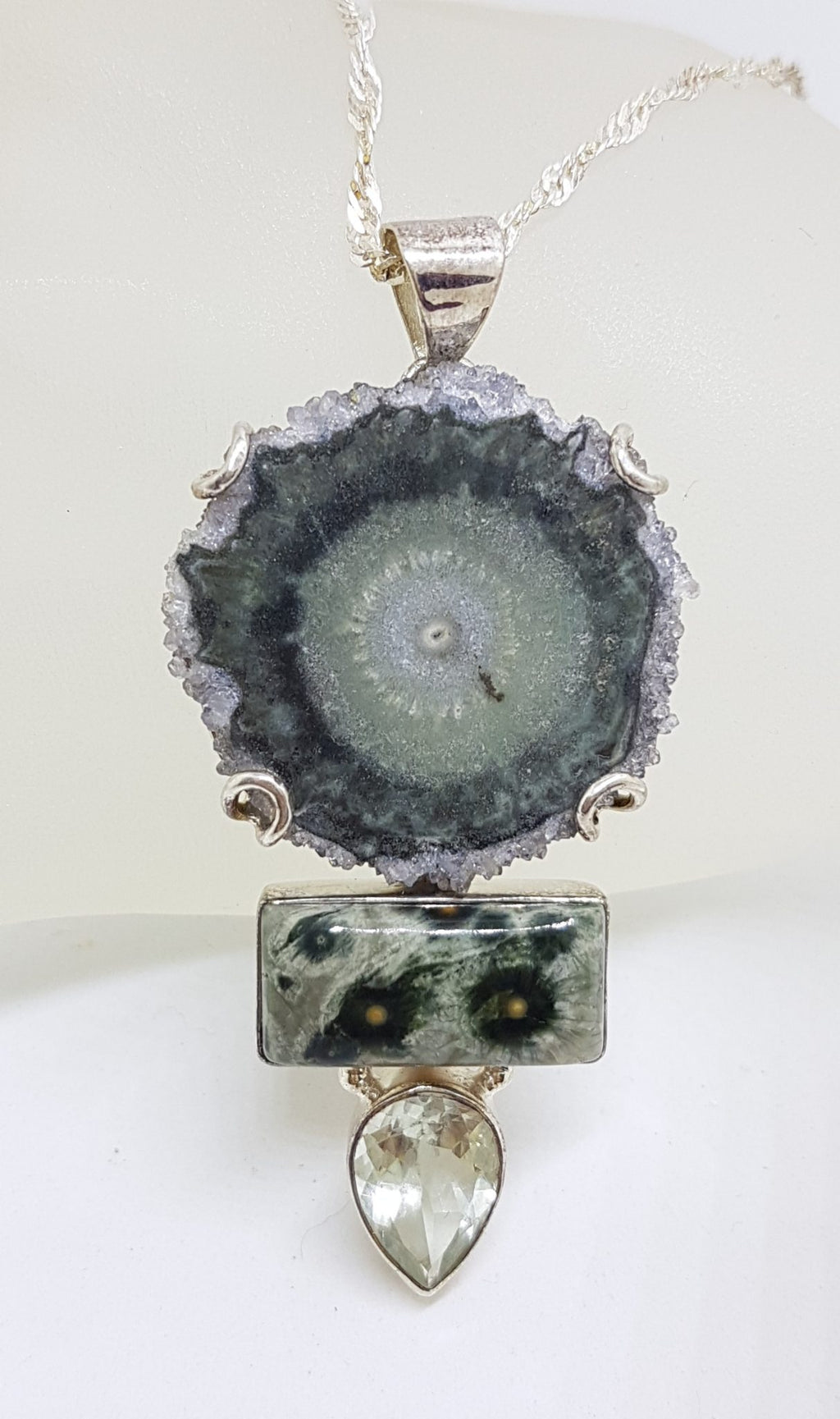 Sterling Silver Large Amethyst Slice, Green Amethyst / Prasiolite and Ocean Jasper  Pendant on Silver Chain