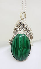 Sterling Silver Large Oval Malachite with Ornate Leaf Design Pendant on Silver Chain