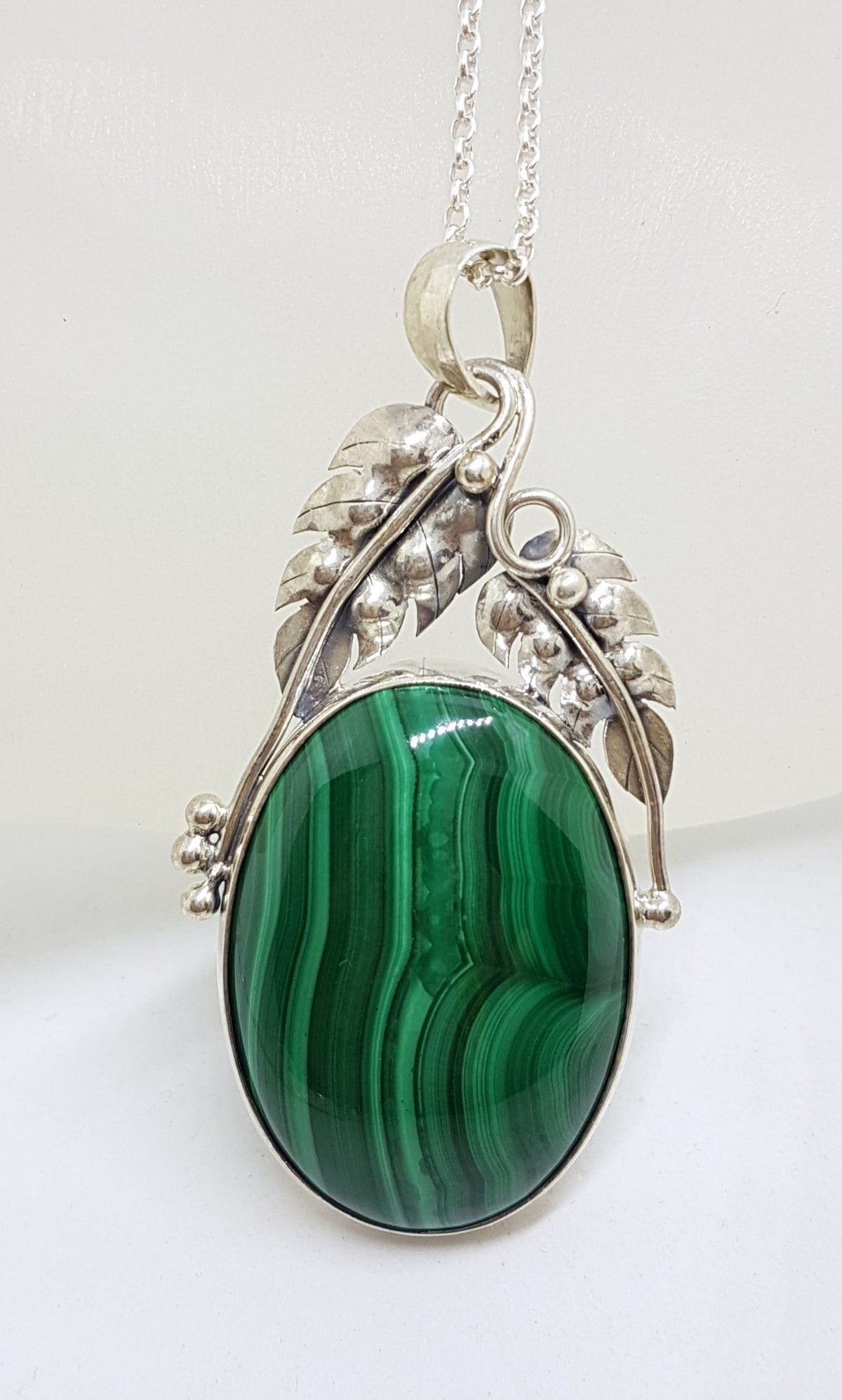 Sterling Silver Large Oval Malachite with Ornate Leaf Design Pendant on Silver Chain