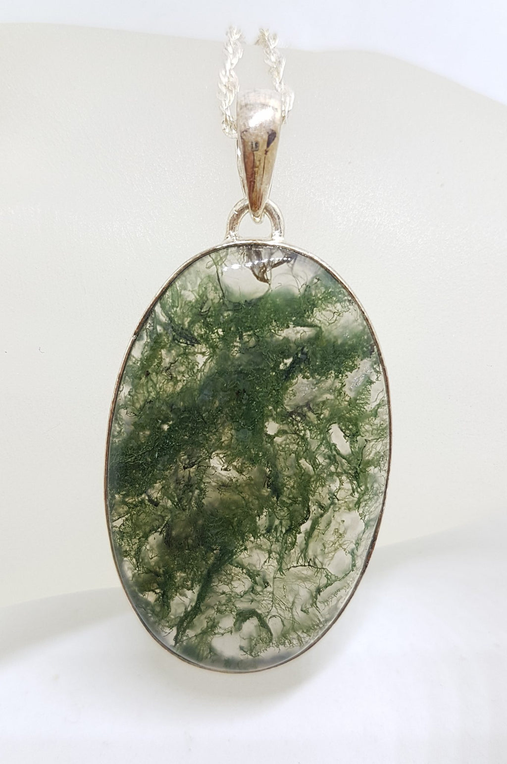 Sterling Silver Large Oval Moss Agate Pendant on Silver Chain