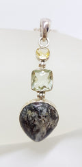 Sterling Silver Citrine, Green Amethyst / Prasiolite &amp; Astrophyllite  Pendant on Silver Chain