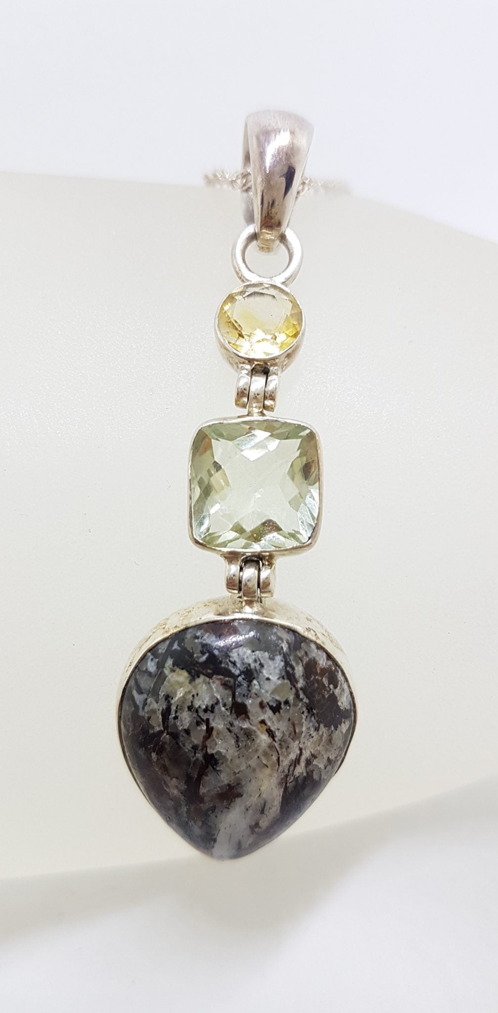 Sterling Silver Citrine, Green Amethyst / Prasiolite &amp; Astrophyllite  Pendant on Silver Chain