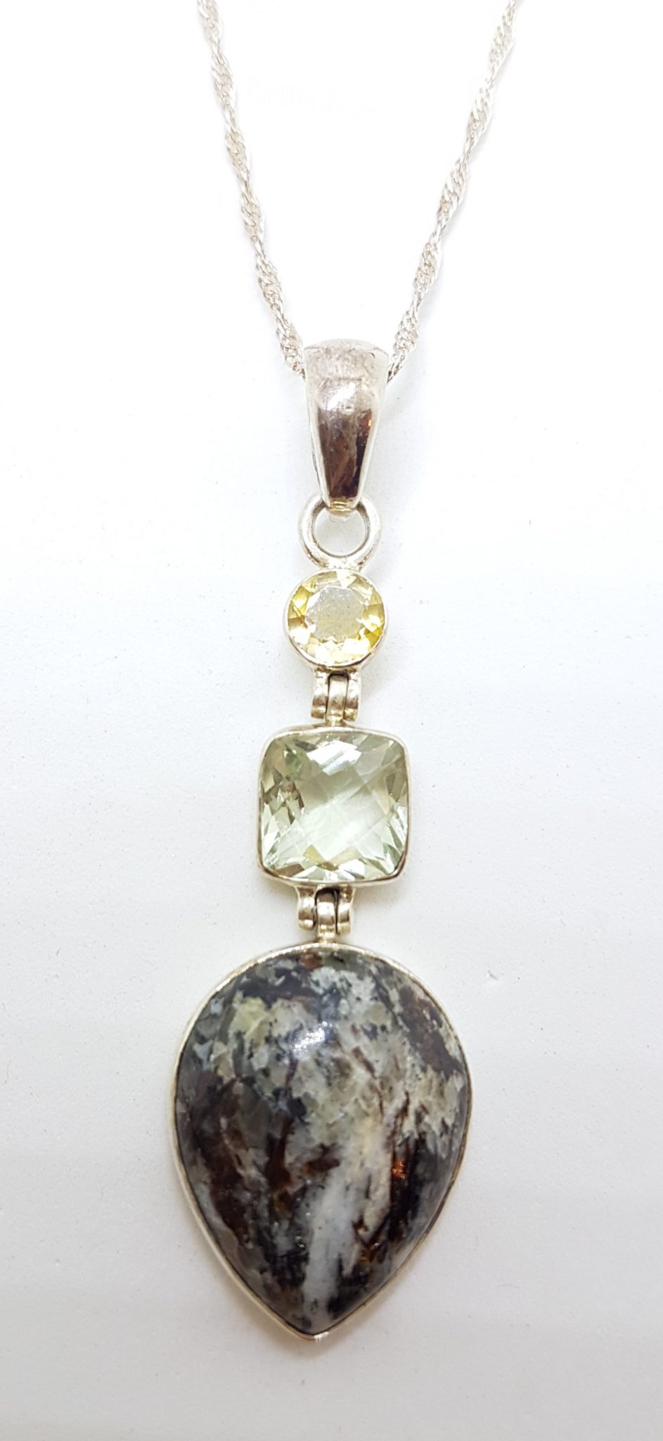 Sterling Silver Citrine, Green Amethyst / Prasiolite &amp; Astrophyllite  Pendant on Silver Chain