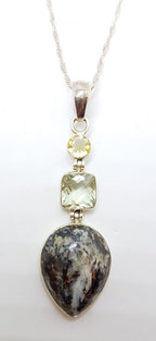 Sterling Silver Citrine, Green Amethyst / Prasiolite &amp; Astrophyllite  Pendant on Silver Chain
