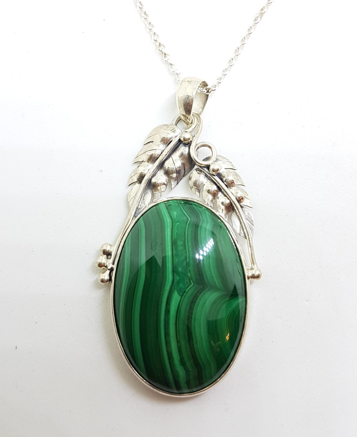 Sterling Silver Large Oval Malachite with Ornate Leaf Design Pendant on Silver Chain