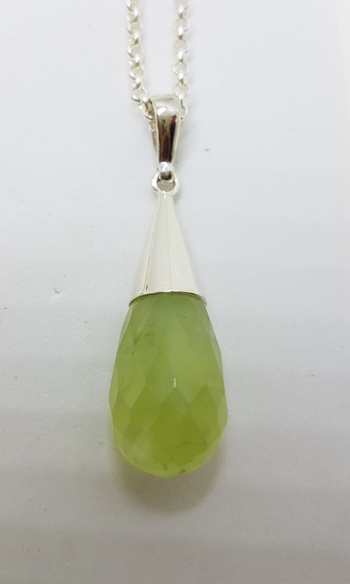 Sterling Silver Cone Drop Prehnite Pendant on Silver Chain
