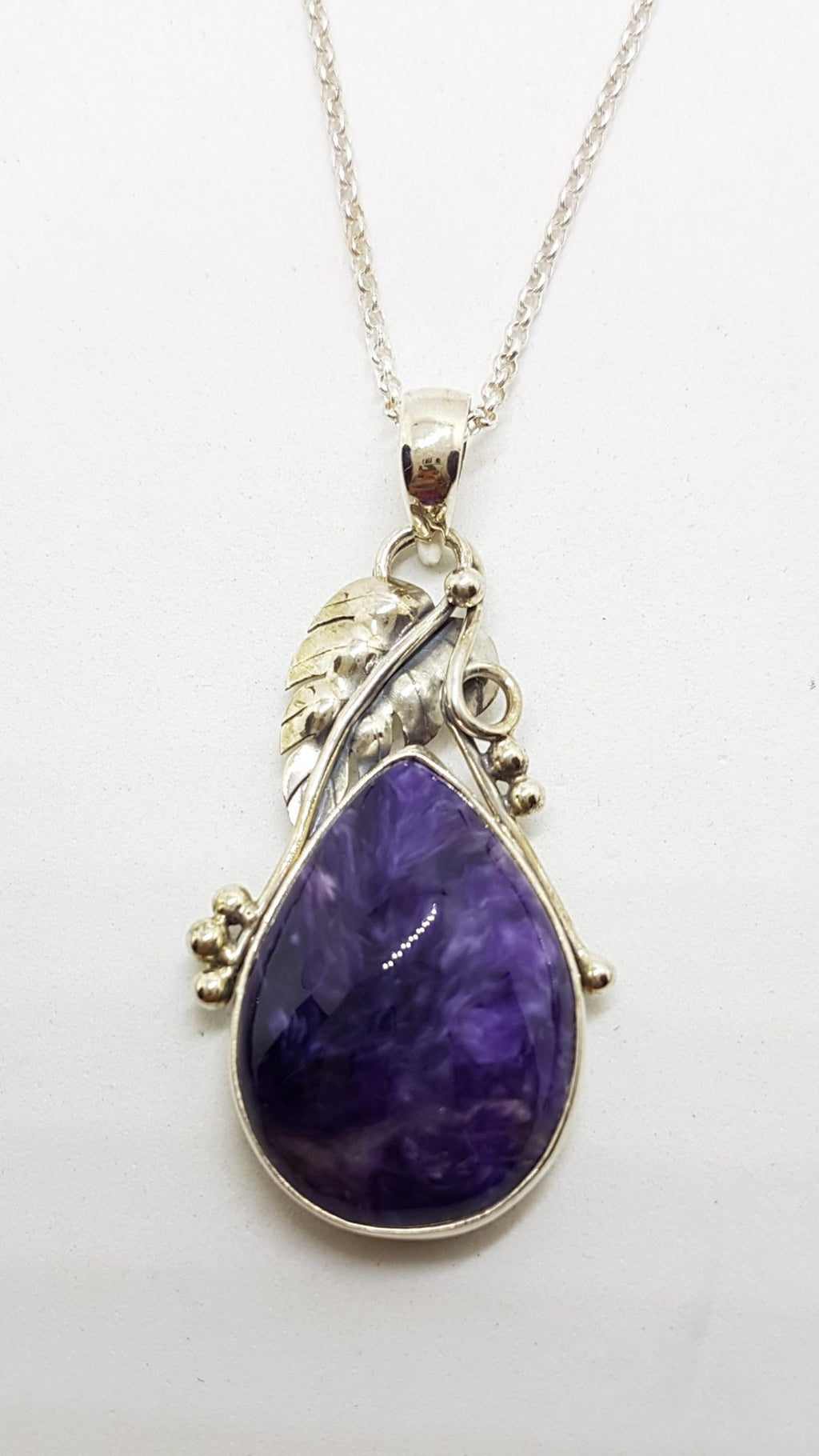 Sterling Silver Large Ornate Leaf Design Charoite Pendant on Silver Chain