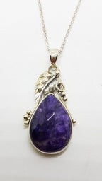Sterling Silver Large Ornate Leaf Design Charoite Pendant on Silver Chain