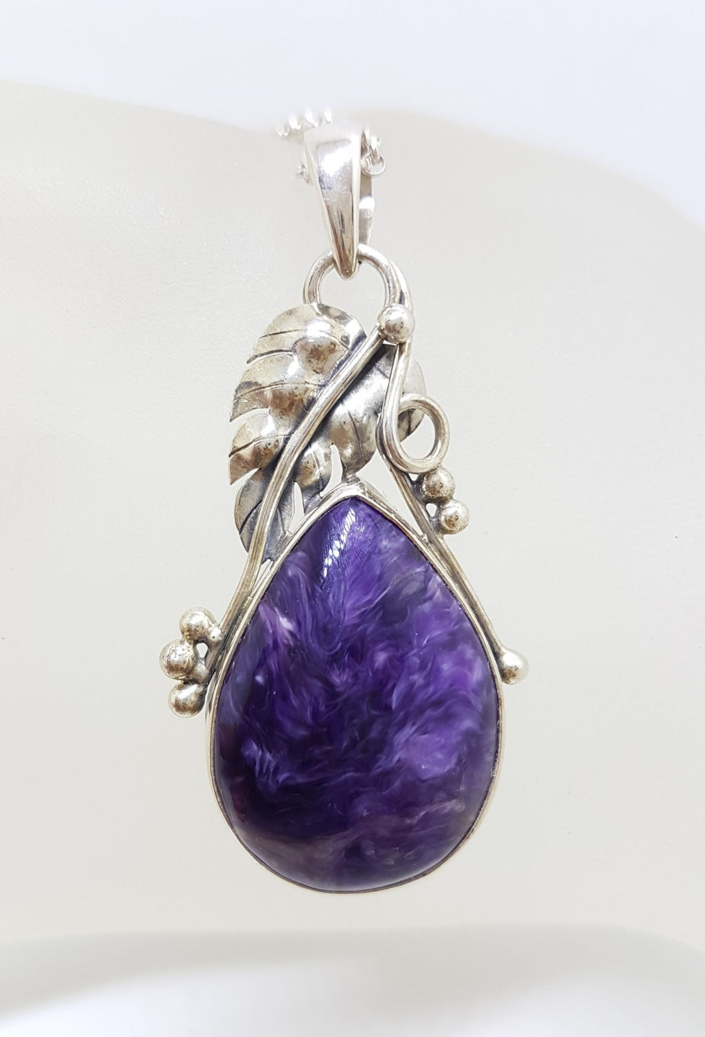 Sterling Silver Large Ornate Leaf Design Charoite Pendant on Silver Chain