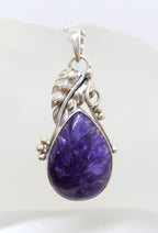 Sterling Silver Large Ornate Leaf Design Charoite Pendant on Silver Chain