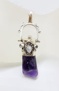 Sterling Silver Ornate Amethyst, Clear Quartz &amp; Moonstone Pendant on Silver Chain