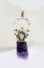 Sterling Silver Ornate Amethyst, Clear Quartz &amp; Moonstone Pendant on Silver Chain