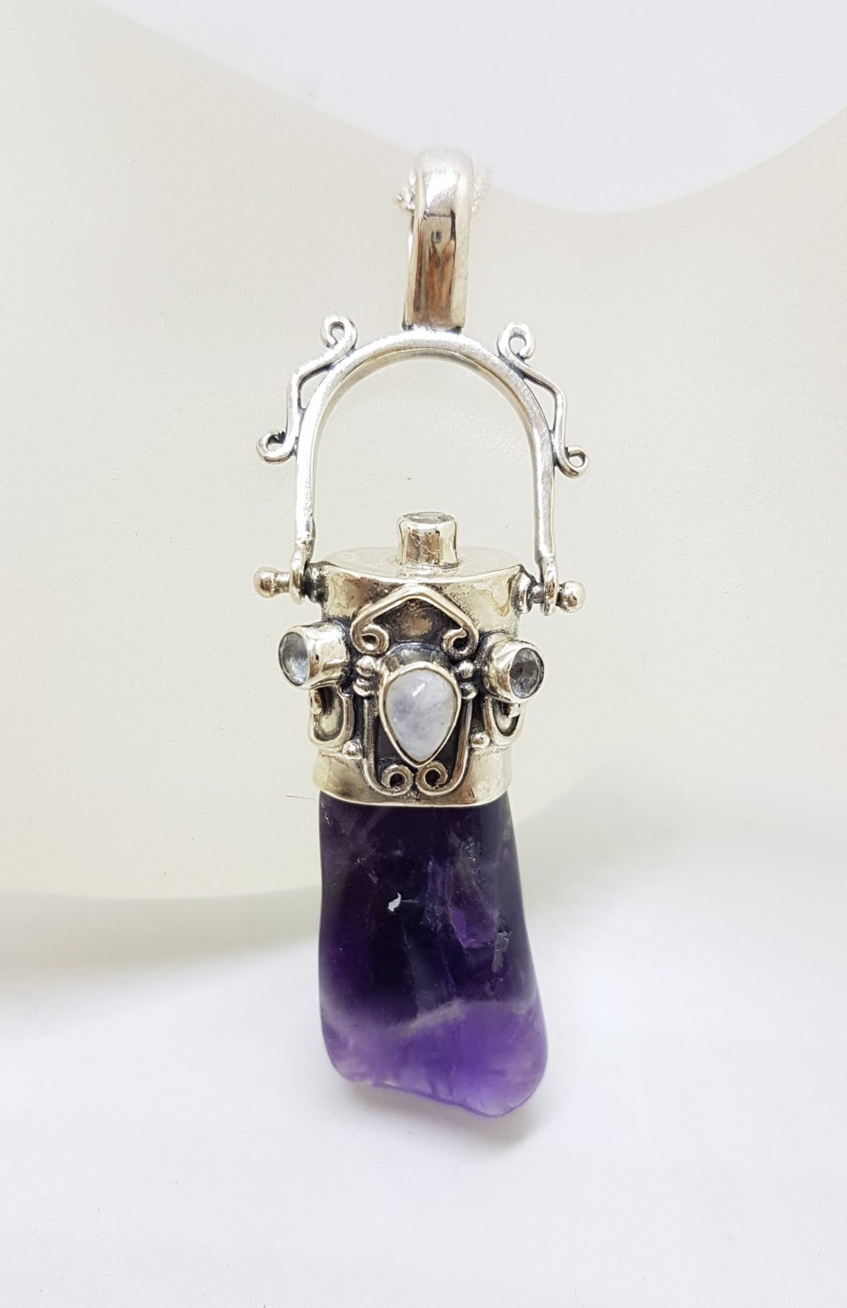 Sterling Silver Ornate Amethyst, Clear Quartz &amp; Moonstone Pendant on Silver Chain