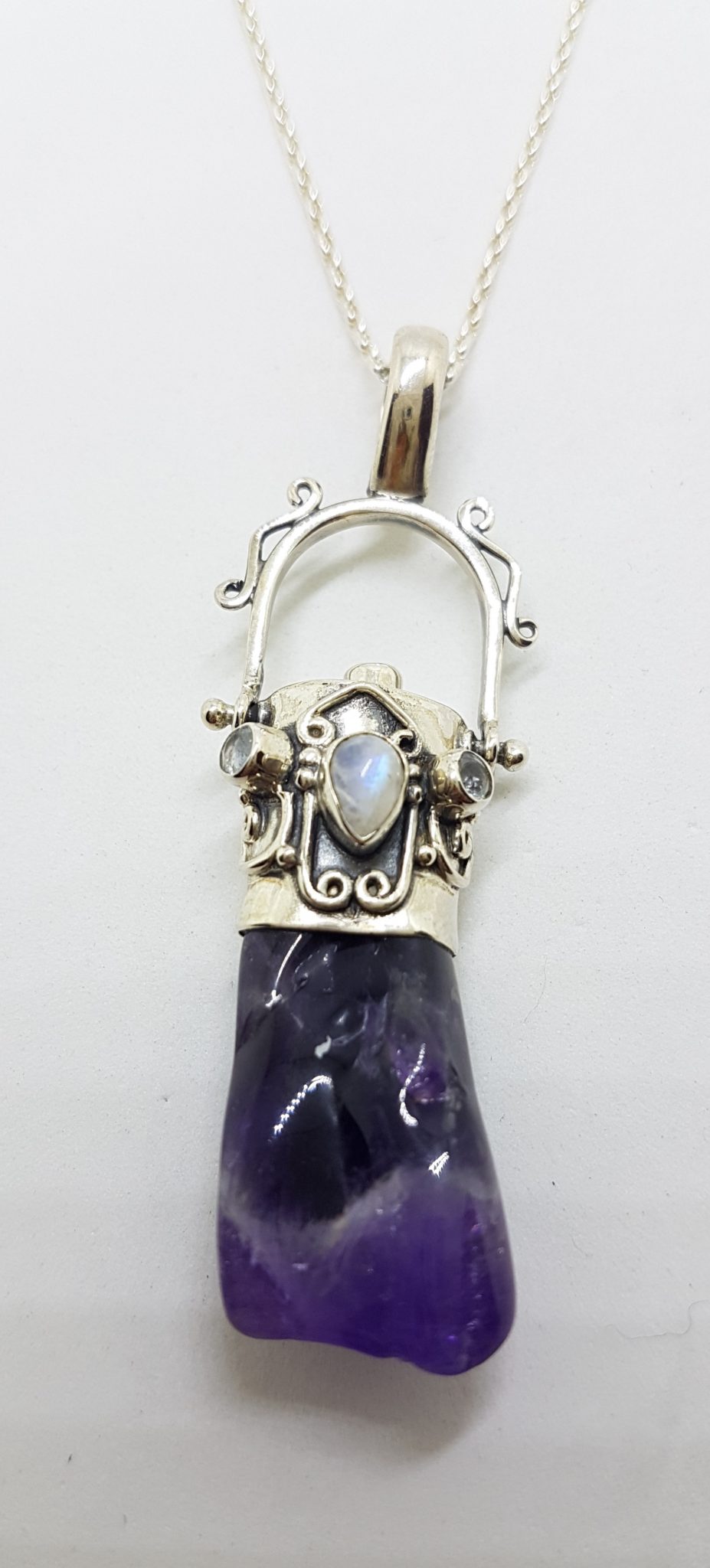 Sterling Silver Ornate Amethyst, Clear Quartz &amp; Moonstone Pendant on Silver Chain