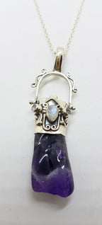 Sterling Silver Ornate Amethyst, Clear Quartz &amp; Moonstone Pendant on Silver Chain