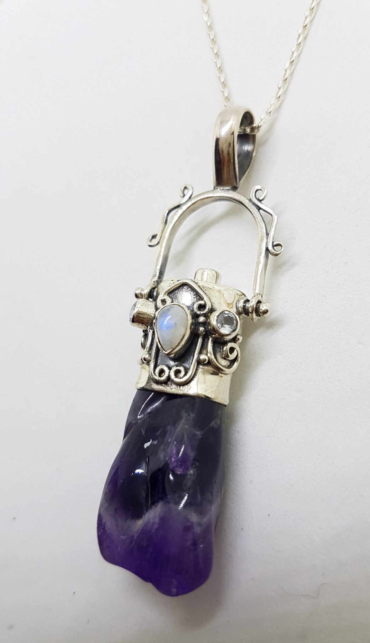 Sterling Silver Ornate Amethyst, Clear Quartz &amp; Moonstone Pendant on Silver Chain