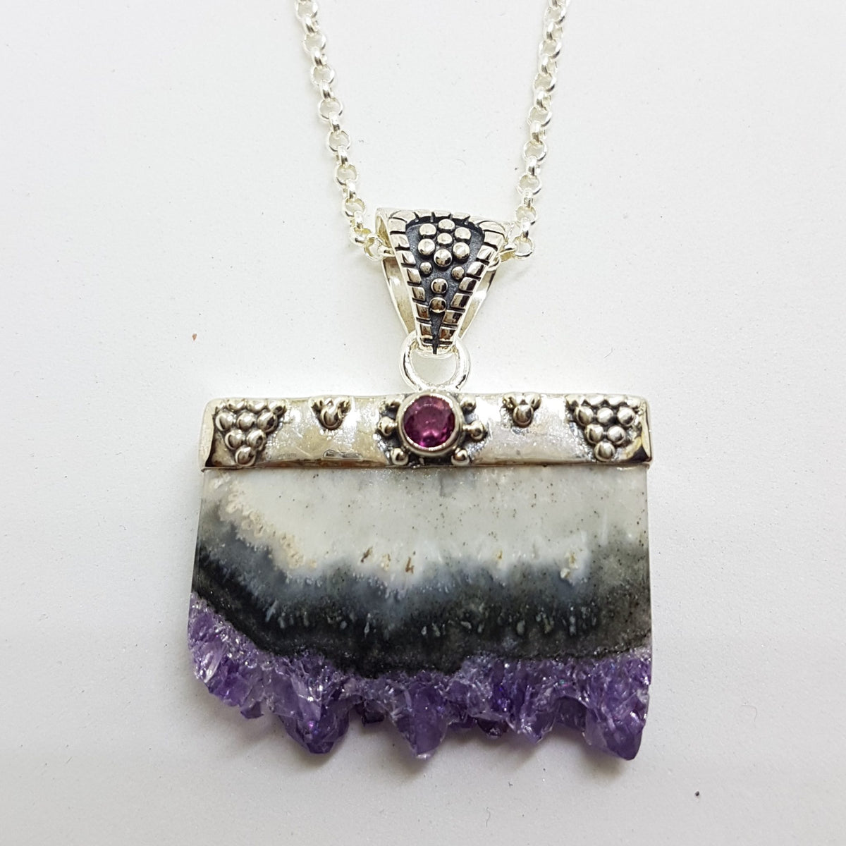 Sterling Silver Amethyst Crystal Slice with Rhodolite Garnet Pendant on Chain