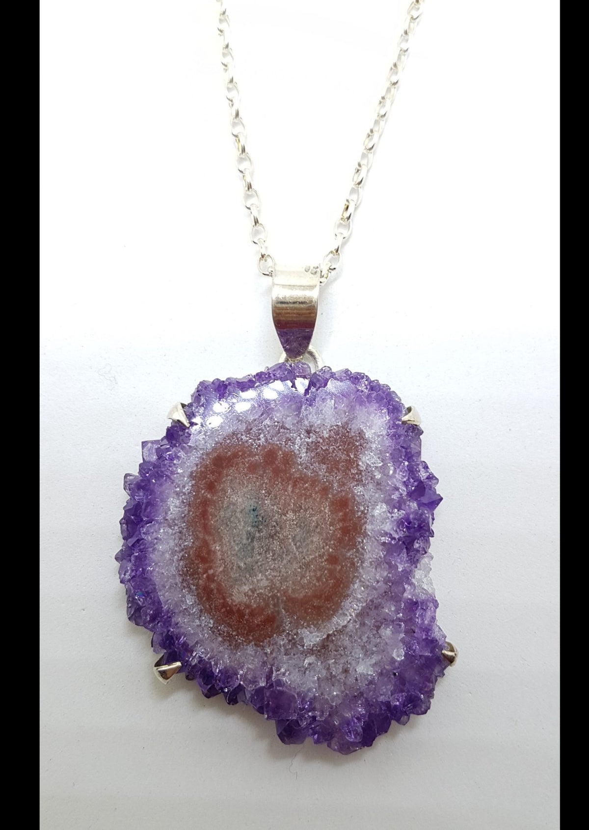 Sterling Silver Large Amethyst Slice Pendant on Silver Chain