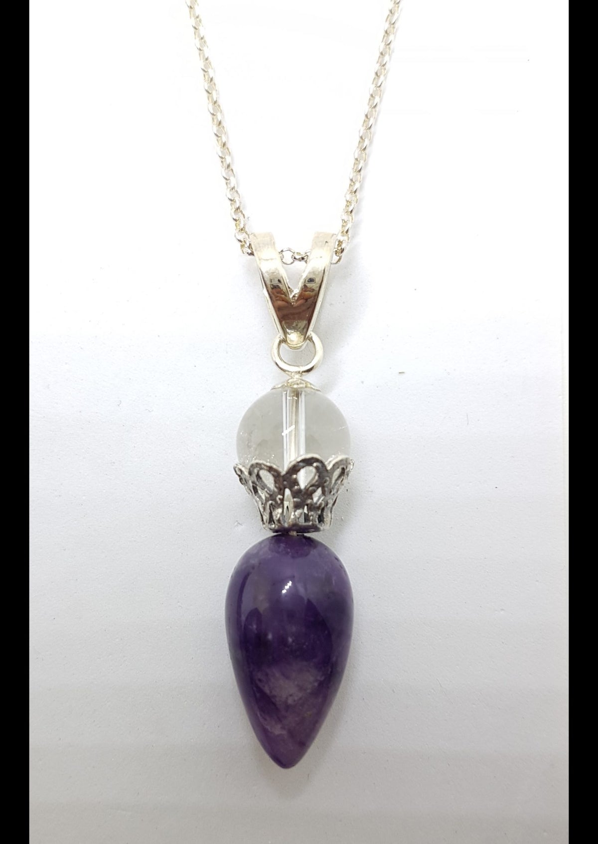 Sterling Silver Amethyst &amp; Clear Crystal Quartz Pendulum Pendant on Silver Chain
