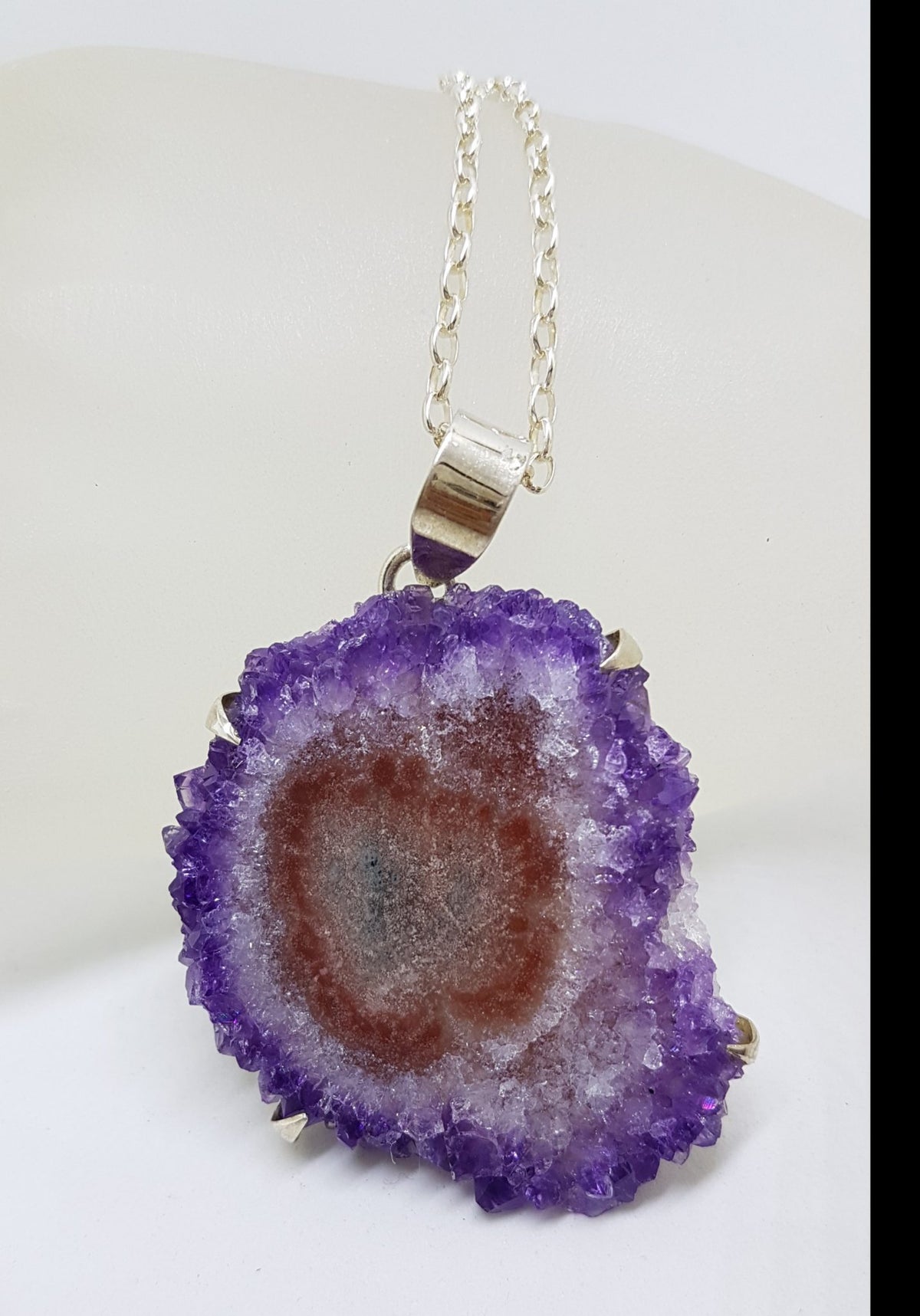 Sterling Silver Large Amethyst Slice Pendant on Silver Chain