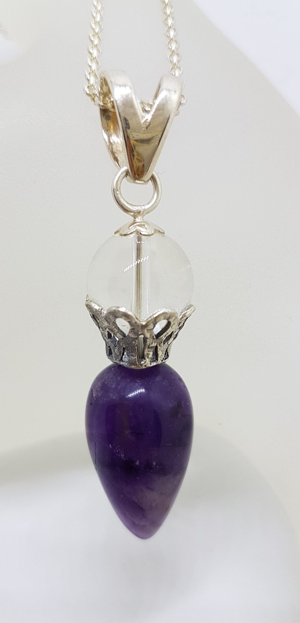 Sterling Silver Amethyst &amp; Clear Crystal Quartz Pendulum Pendant on Silver Chain