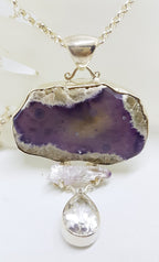 Sterling Silver Very Large Amethyst Slice, Kunzite &amp; Clear Crystal Quartz Drop Pendant on Silver Chain