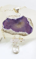 Sterling Silver Very Large Amethyst Slice, Kunzite &amp; Clear Crystal Quartz Drop Pendant on Silver Chain