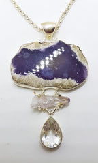 Sterling Silver Very Large Amethyst Slice, Kunzite &amp; Clear Crystal Quartz Drop Pendant on Silver Chain