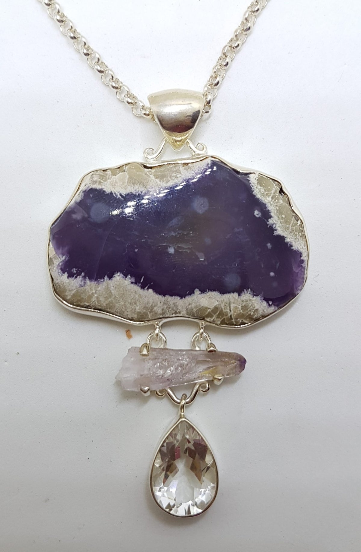 Sterling Silver Very Large Amethyst Slice, Kunzite &amp; Clear Crystal Quartz Drop Pendant on Silver Chain
