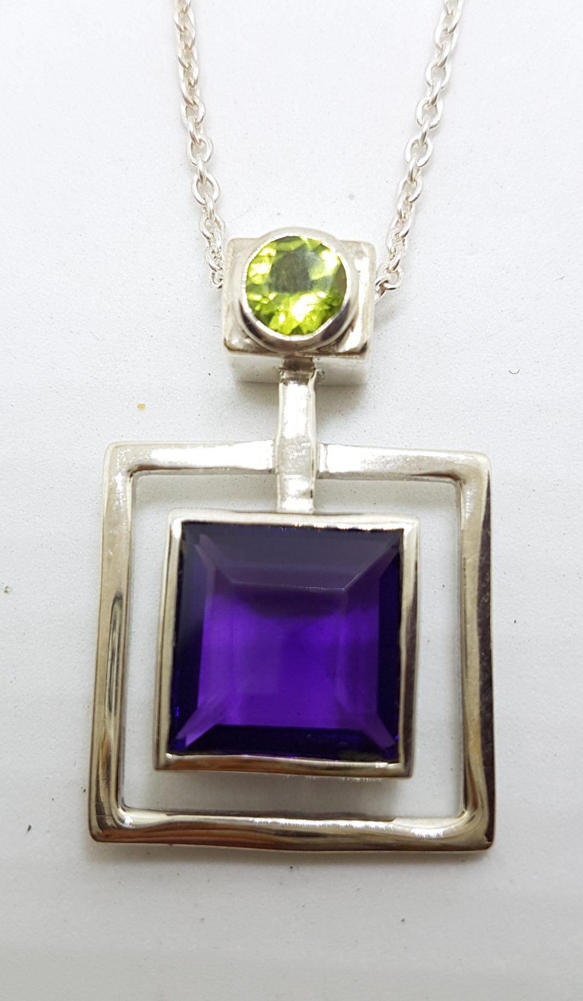 Sterling Silver Square Amethyst with Green Peridot Square Pendant on Silver Chain