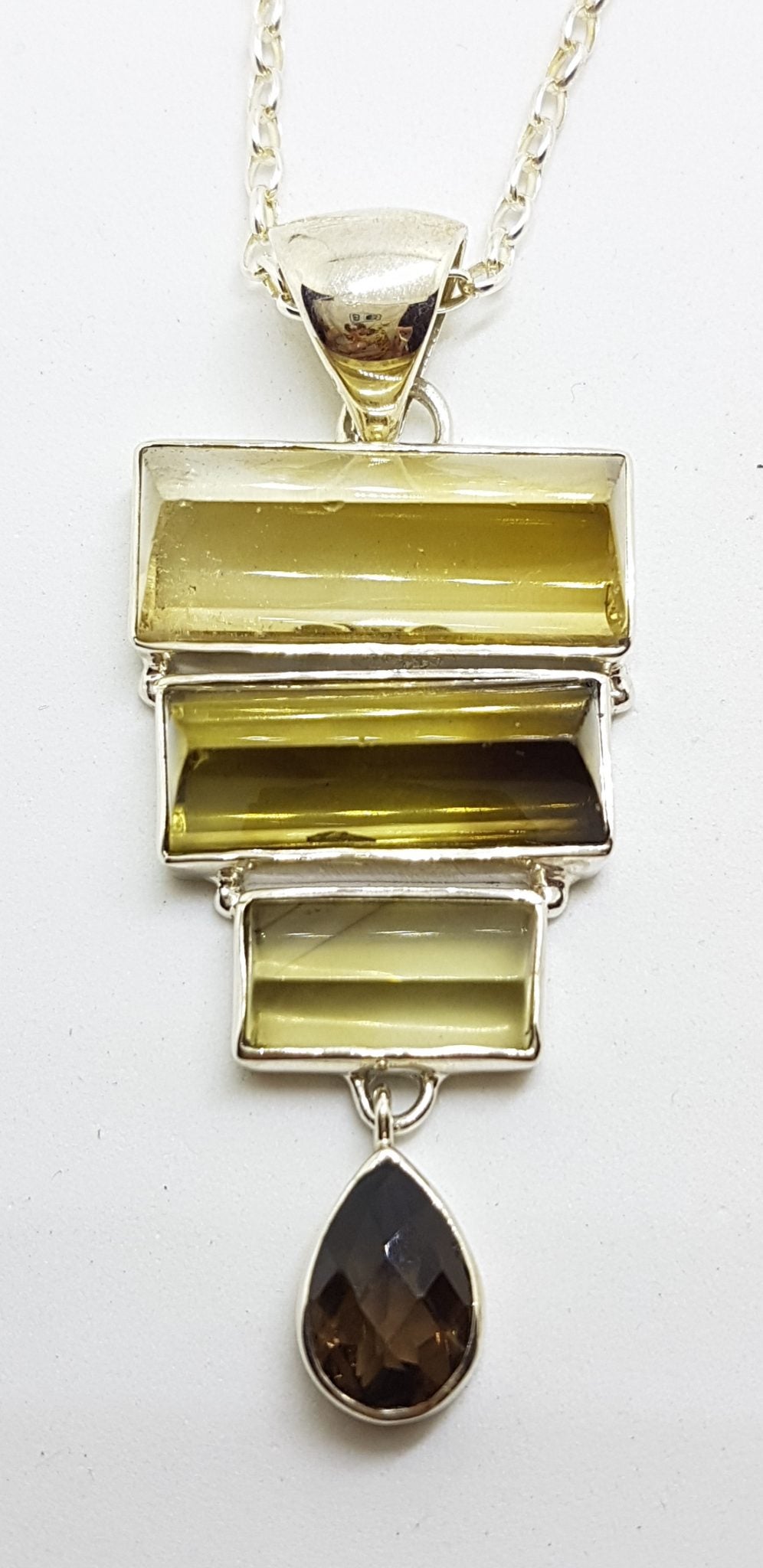 Sterling Silver Unusual Shaped Long Multi-Colour Citrine &amp; Smokey Quartz Pendant on Silver Chain