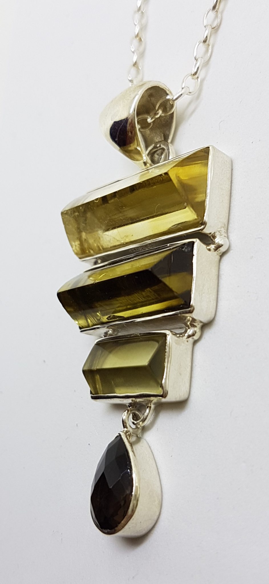 Sterling Silver Unusual Shaped Long Multi-Colour Citrine &amp; Smokey Quartz Pendant on Silver Chain