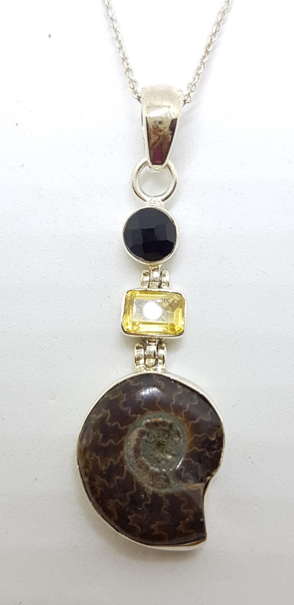 Sterling Silver Ammonite, Smokey Quartz and Citrine Drop Pendant on Silver Chain
