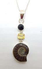 Sterling Silver Ammonite, Smokey Quartz and Citrine Drop Pendant on Silver Chain