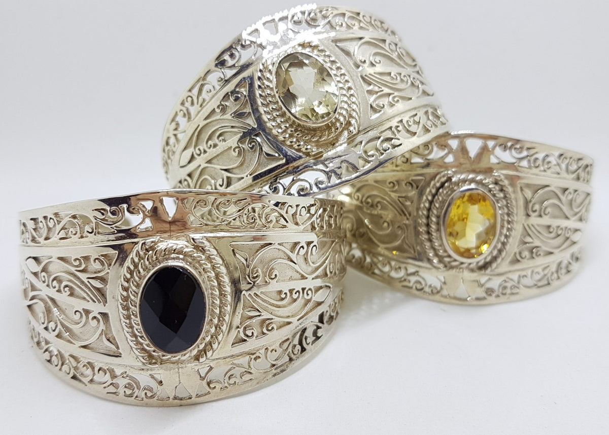 Sterling Silver Large Ornate Filigree Design Bangle - Wide - with Citrine