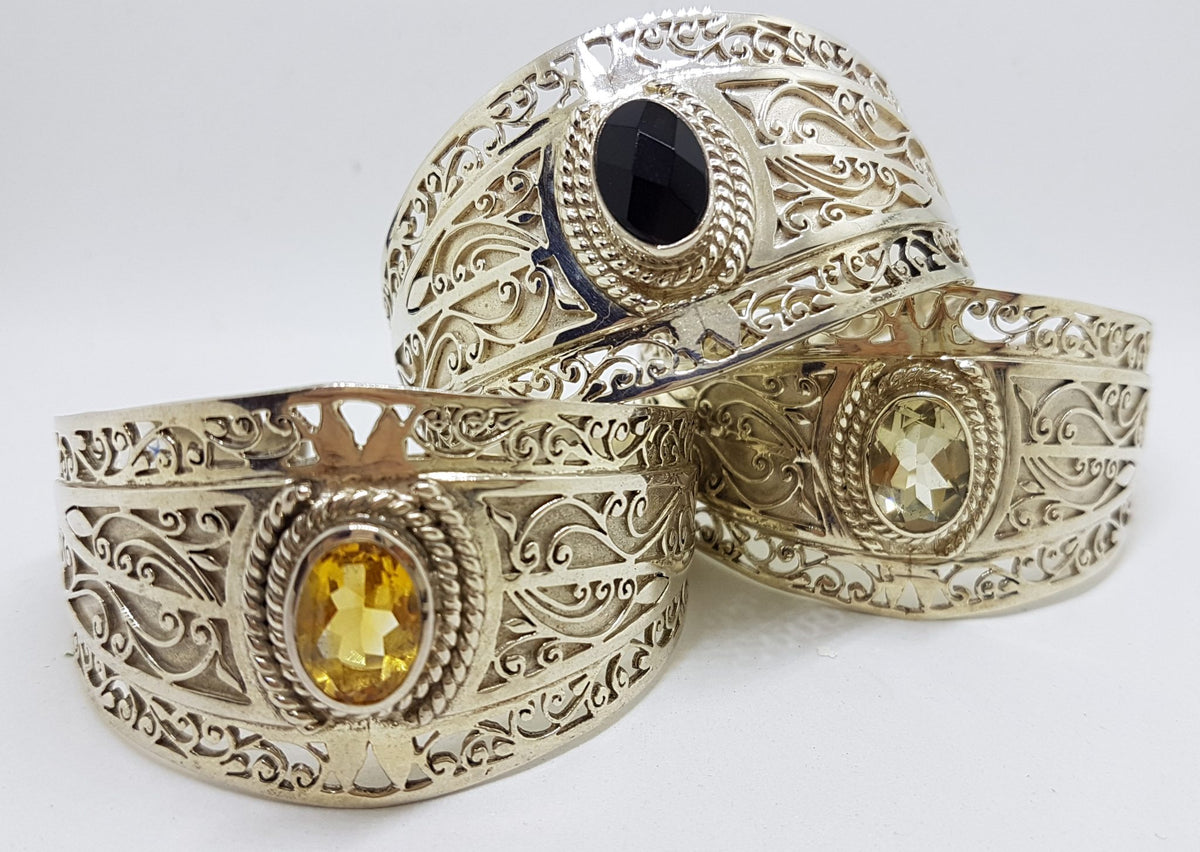 Sterling Silver Large Ornate Filigree Design Bangle - Wide - with Citrine