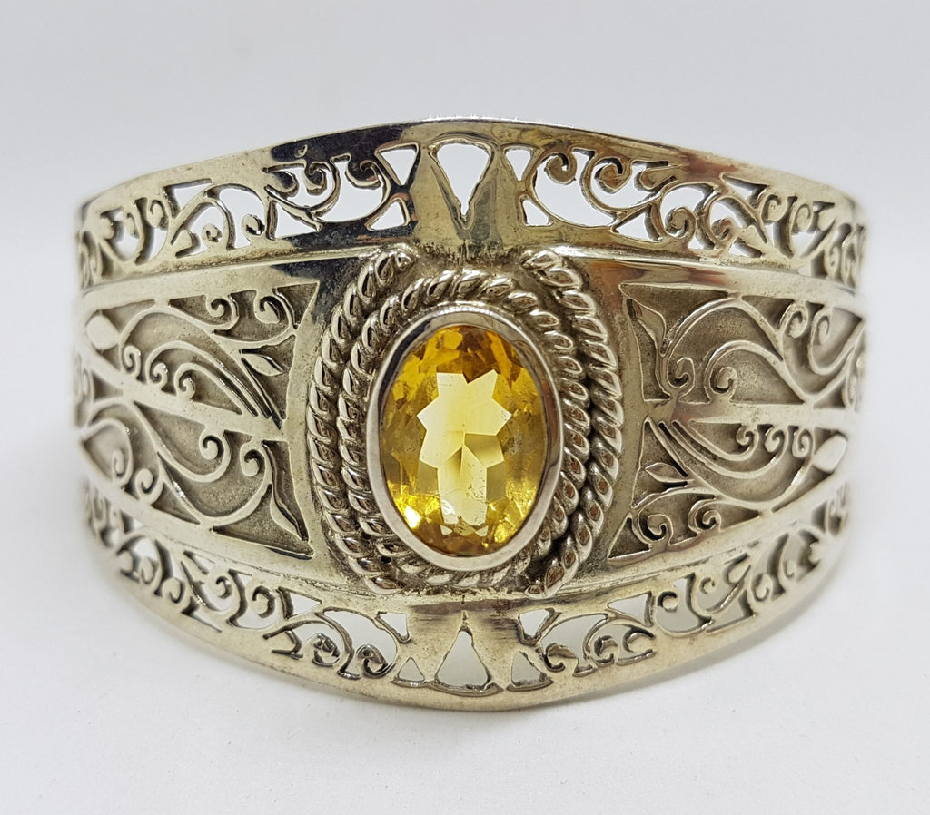 Sterling Silver Large Ornate Filigree Design Bangle - Wide - with Citrine